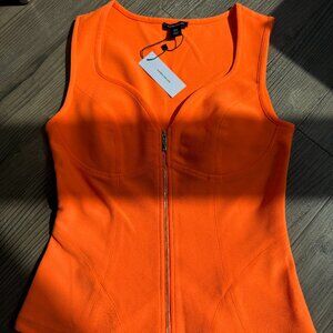 KAREN MILLEN - FLURO ORANGE GOLD ZIP HEART NECKLINE SUMMER TOP - US 4 / SMALL